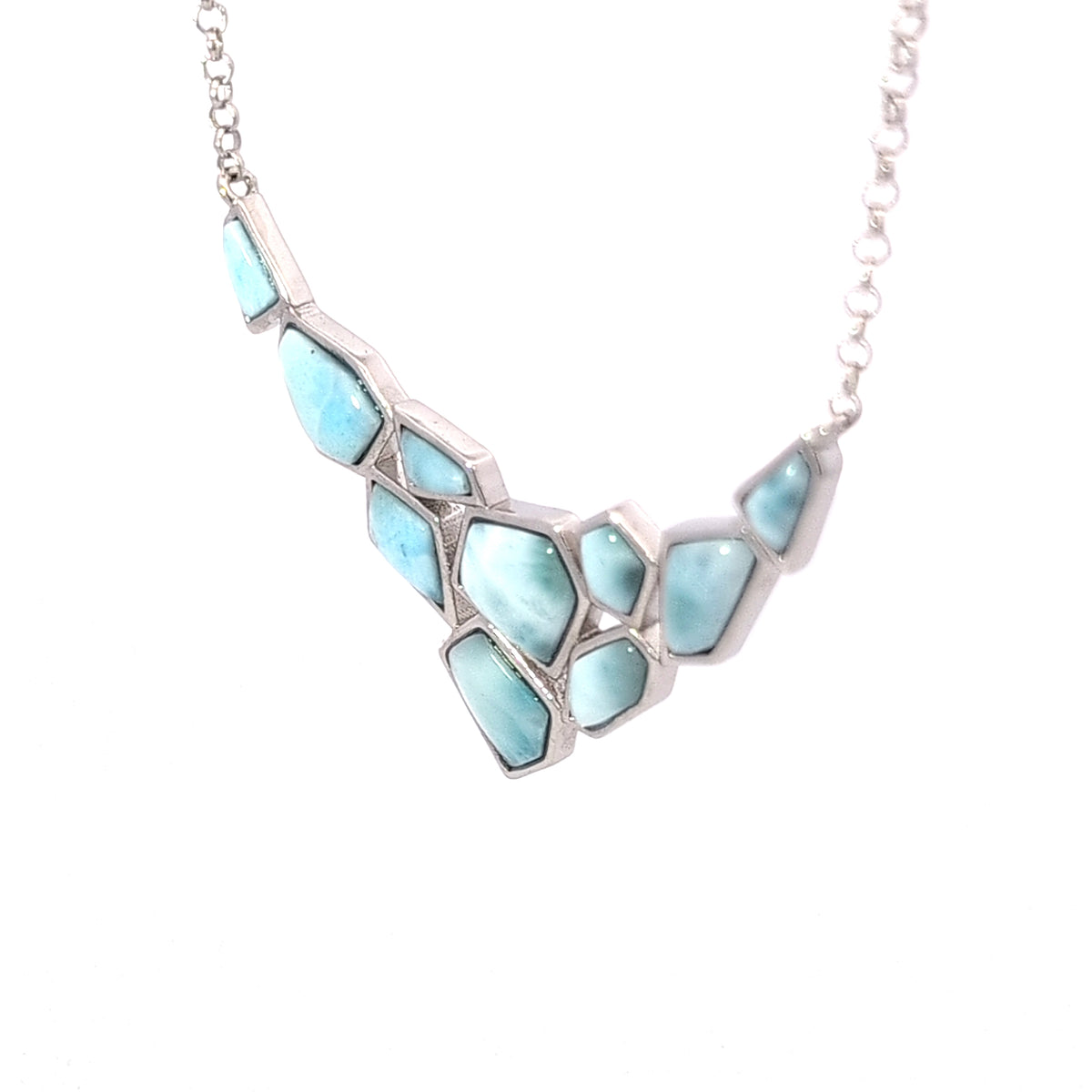 Sterling Silver large hexagon and small multi shaped larimar Necklace