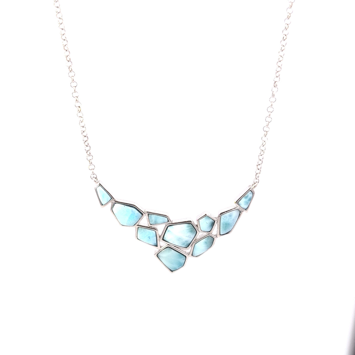 Sterling Silver large hexagon and small multi shaped larimar Necklace