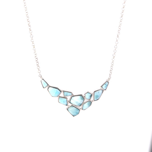Sterling Silver large hexagon and small multi shaped larimar Necklace